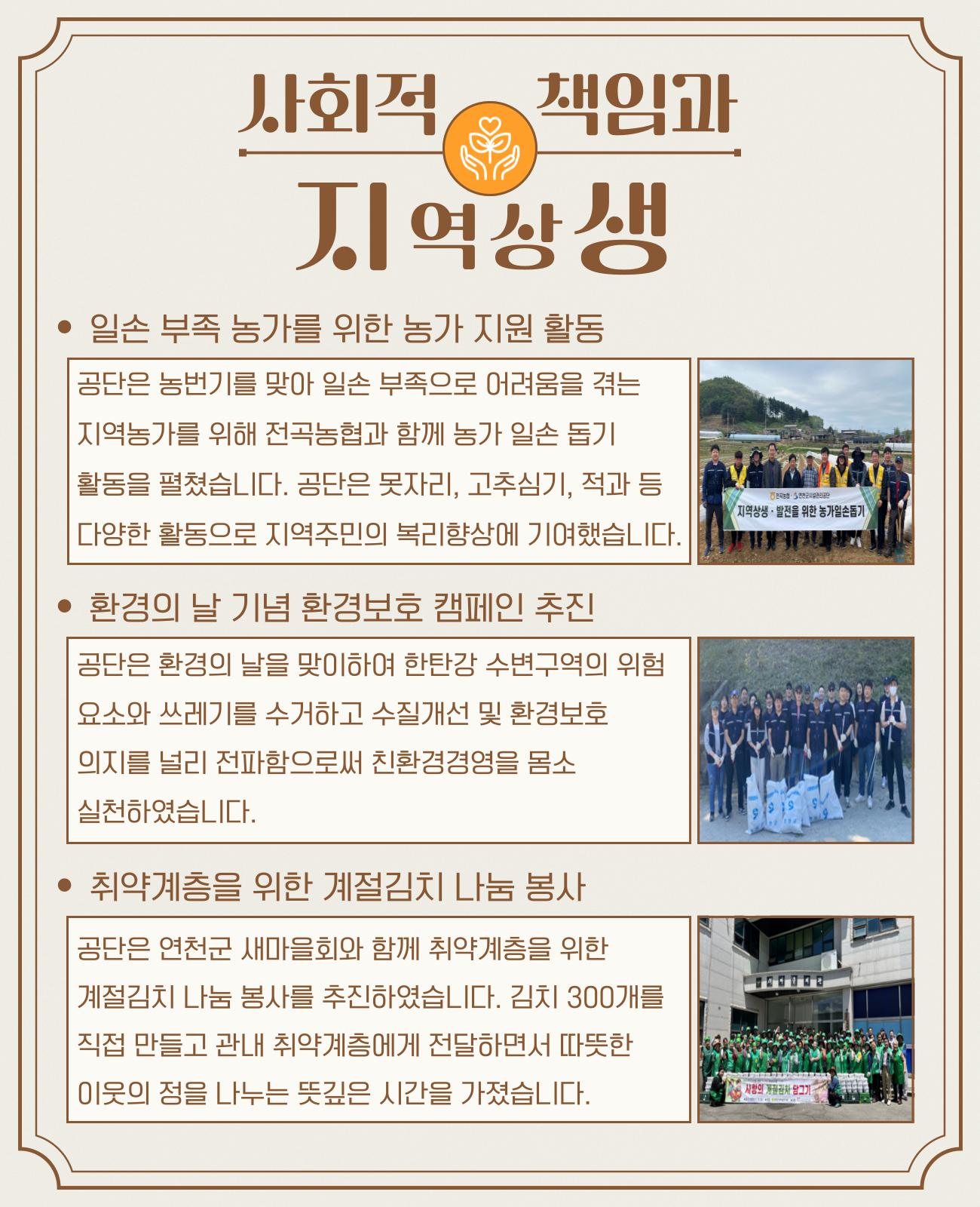 사회적 책임과 지역상생 * 일손 부족 농가를 위한 농가 지원 활동 공단은 농번기를 맞아 일손 부족으로 어려움을 겪는 지역농가를 위해 전곡농협과 함께 농가 일손 돕기 활동을 펼쳤습니다. 공단은 못자리, 고추심기, 적과 등 다양한 활동으로 지역주민의 복리향상에 기여했습니다. * 환경의 말 기념 환경보호 캠페인 추진 공단은환경의 날을 맞이하여 한탄강 수변구역의 위험요소와 쓰레기를 수거하고 수질개선 및 환경보호 의지를 널리 전파함으로써 친환경경영을 몸소 실천하였습니다. * 취약계층을 위한 계절김치 나눔 봉사 공단은 연천군 새마을회와 함께 취약계층을 위한 계절김치 나눔 봉사를 추진하였습니다. 김치 300개를 직접 만들고 관내 취약계층에게 전달하면서 따분한 이웃의 정을 나누는 뜻깊은 시간을 가졌습니다.