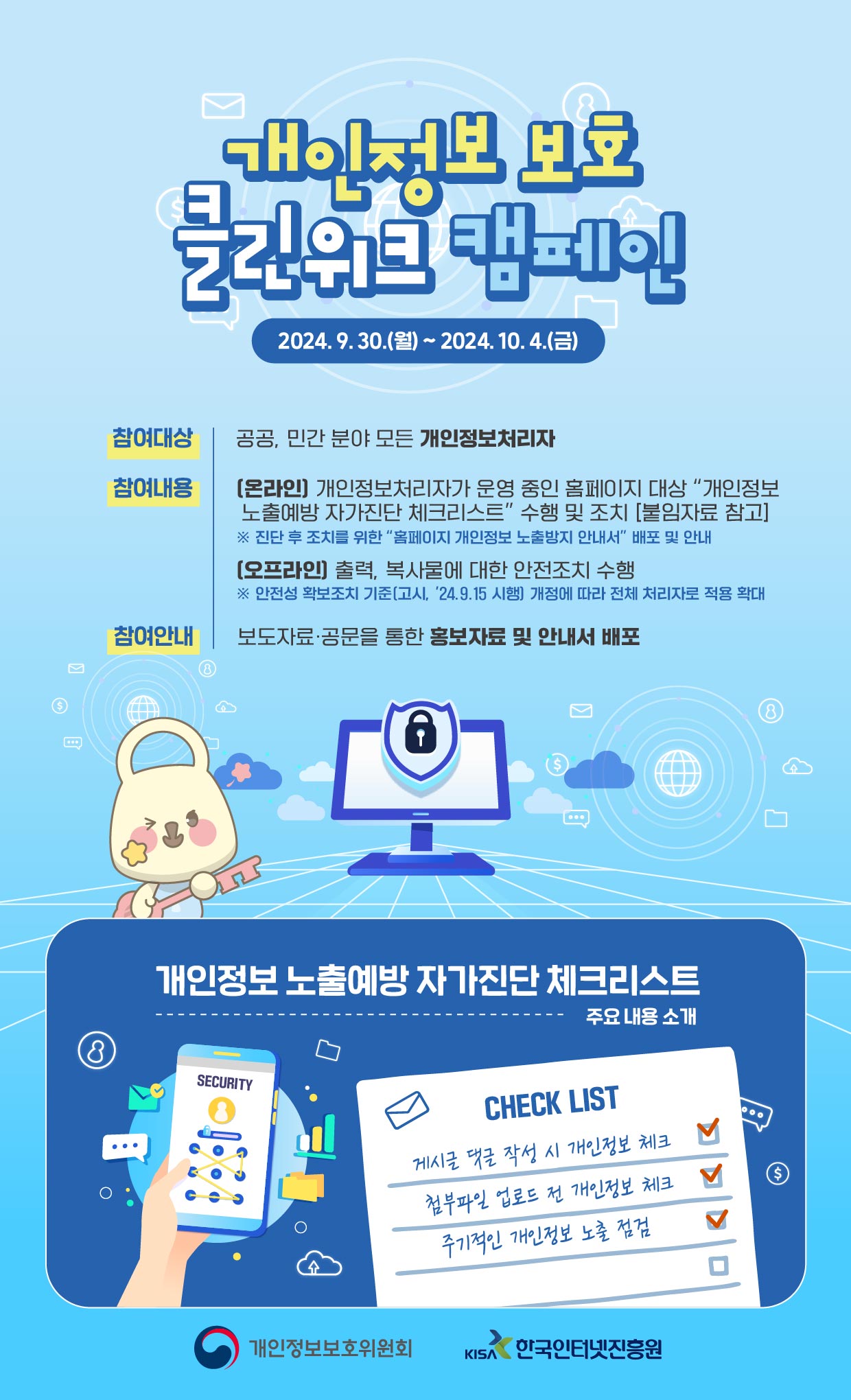 개인정보 보호 클린위크 캠페인 2024.9.30.(월)~ 2024. 10. 4.(금) 참여대상 공공, 민간분야 모든 개인정보처리자 참여내용 [온라인] 개인정보처리자가 운영 중인 홈페이지 대상 "개인정보 노출예방 자가진단 체크리스트" 수행 및 조치 [붙임자료 참고] ※ 진단 후 조치를 위한 "홈페이지 개인정보 노출방지 안내서" 배포 및 안내 [오프라인] 출력, 복사물에 대한 안전조치 수행 ※ 안전성 확보조치 기준[고시, '24.9.15 시행] 개정에 따라 전체 처리자로 적용 확대 참여안내 보도자료·공문을 통한 홍보자료 및 안내서 배포  개인정보 노출예방 자가진단 체크리스트 주요내용 소개 CHECK LIST 게시글 댓글 작성 시 개인정보 체크 첨부파일 업로드 전 개인정보 체크 주기적인 개인정보 노출 점검  개인정보보호위원회 KISA 한국인터넷진흥원